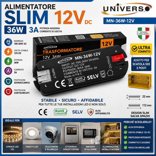 Alimentatore led slim 12v - led, 3a